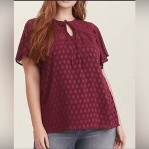 Torrid Plum Sheer Swiss Dot Blouse with Neck Tie Flutter Sleeve